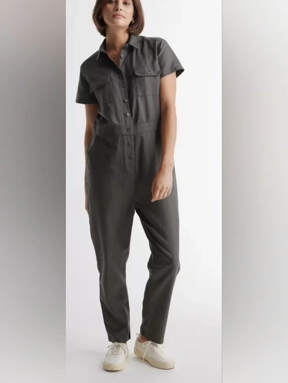 Quince Cotton Linen Twill Short Sleeve Coverall Jumpsuit in Charcoal Size S